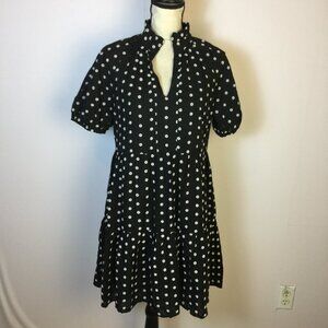CeCe Tiered Mini Dress Sz S Womens Black White Ditsy Floral Short Sleeve Cotton